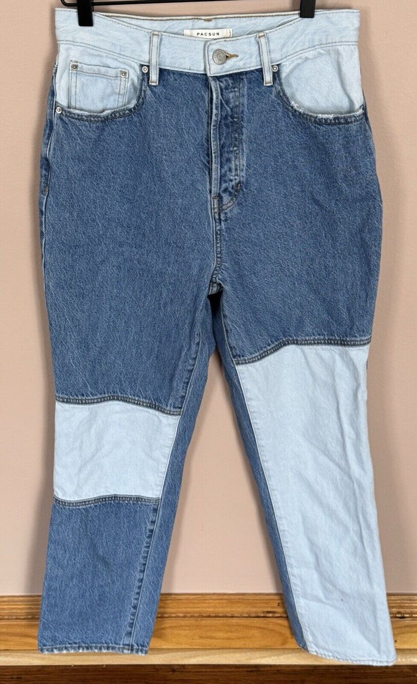 PacSun Women's Color Block Denim Patchwork Dad Jean Button Fly Straight 28